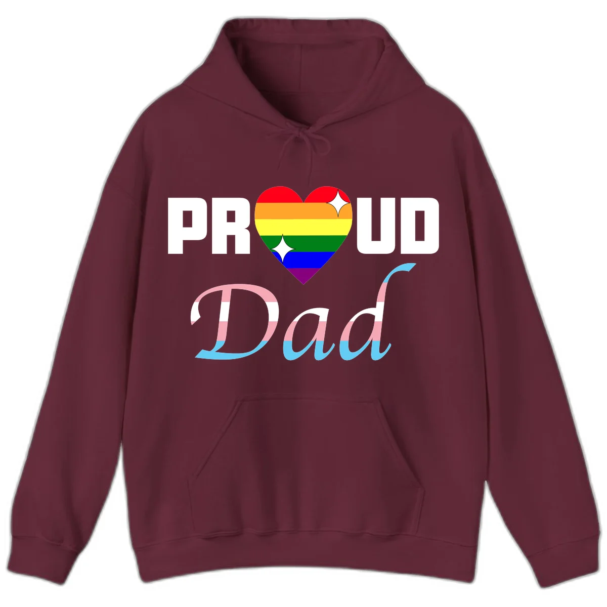 Proud Dad Pride design with rainbow heart and trans flag striped lettering on gray background in Maroon