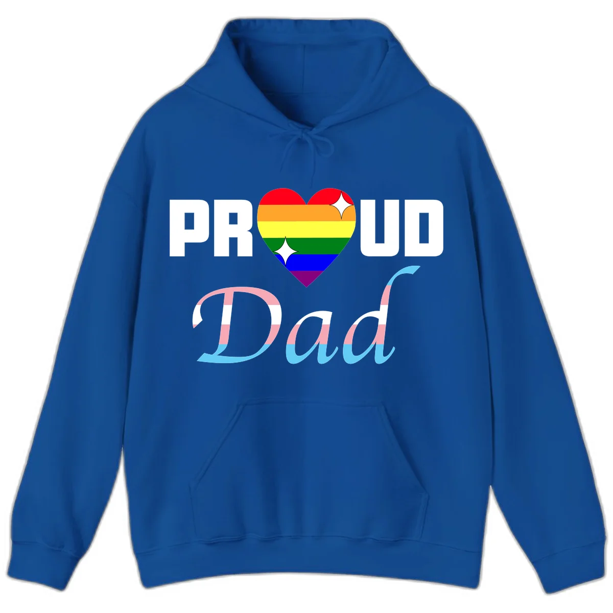 Proud Dad Pride design with rainbow heart and trans flag striped lettering on gray background in Royal