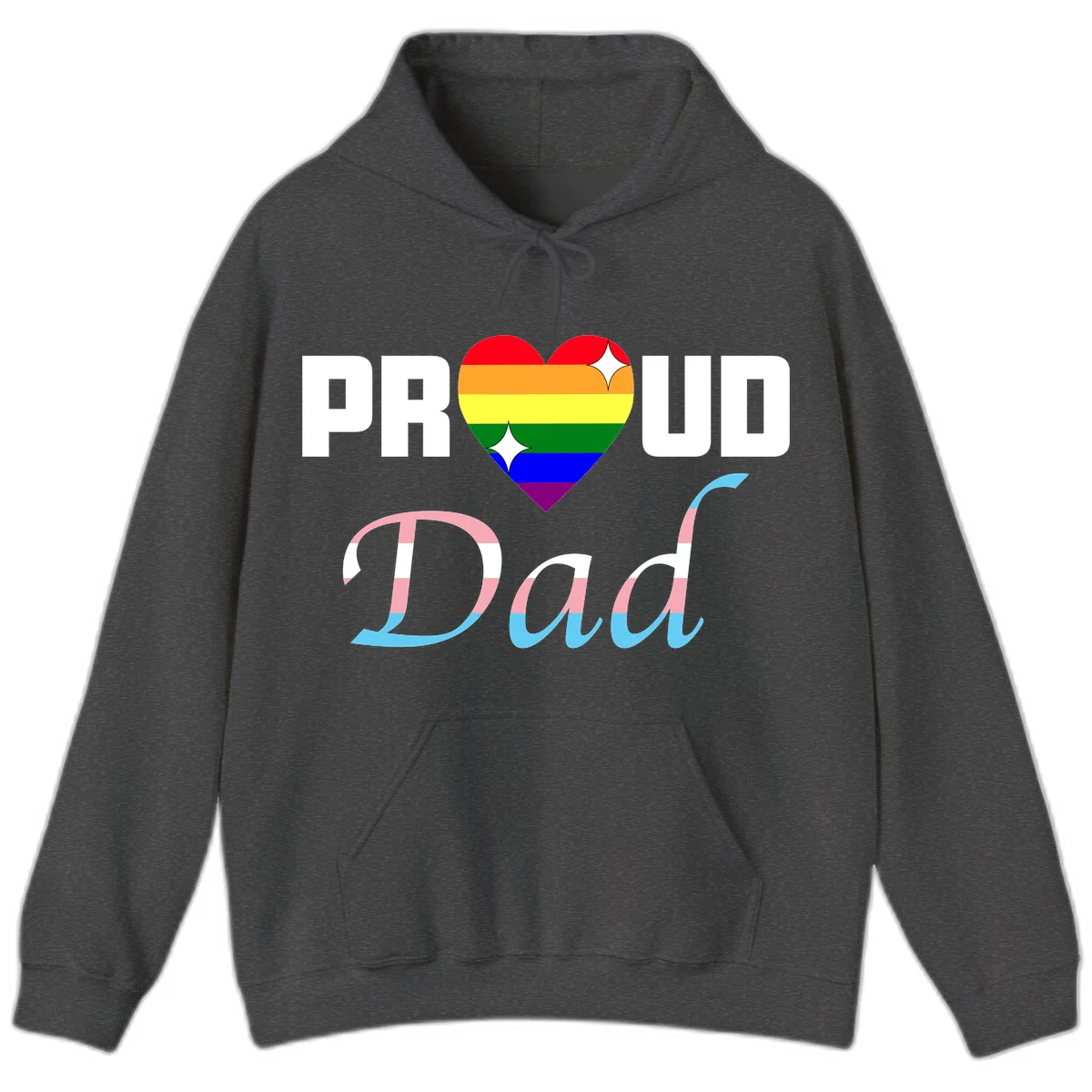 Proud Dad Pride design with rainbow heart and trans flag striped lettering on gray background in Dark Heather