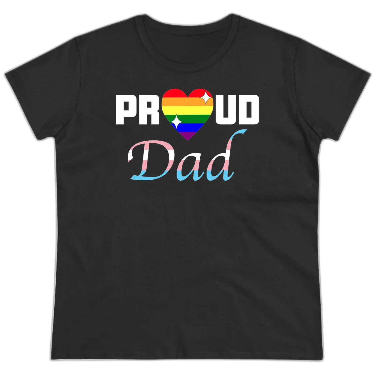 Proud Dad Pride design with rainbow heart and trans flag striped lettering on gray background in Black