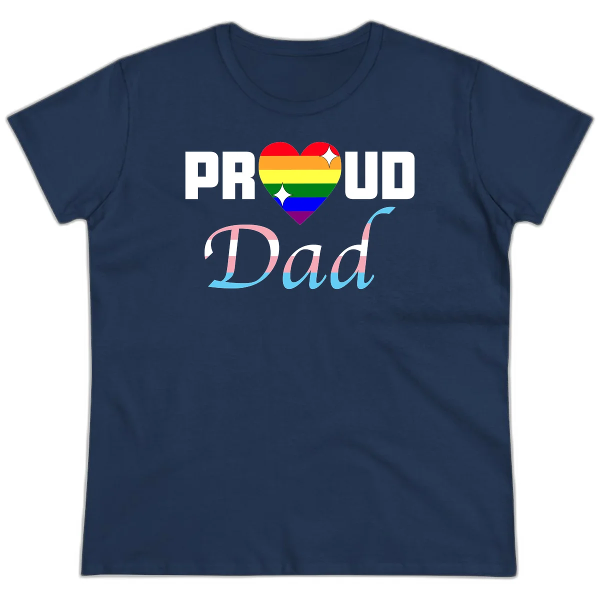 Proud Dad Pride design with rainbow heart and trans flag striped lettering on gray background in Navy