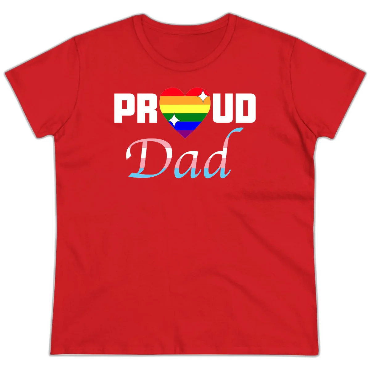 Proud Dad Pride design with rainbow heart and trans flag striped lettering on gray background in Red