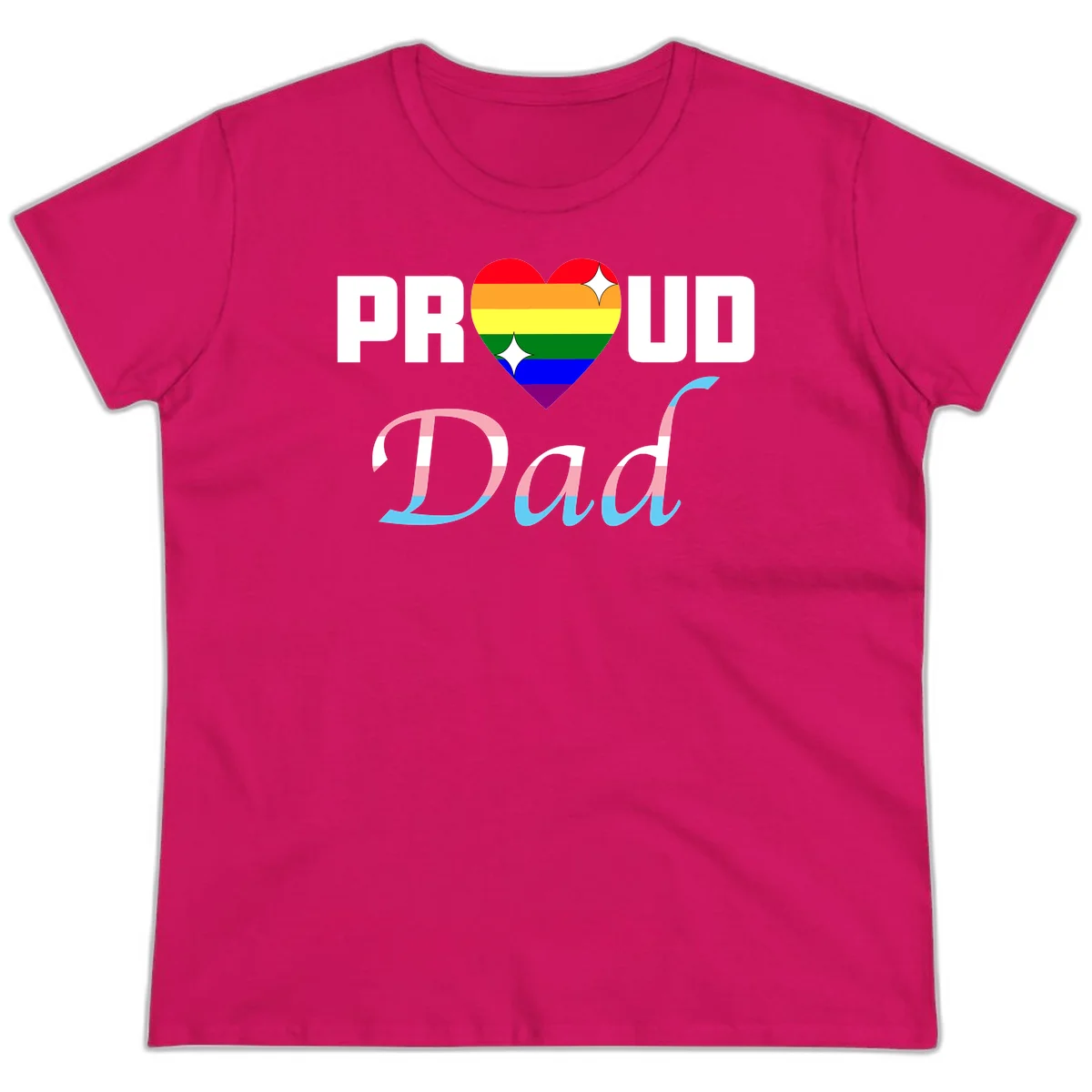 Proud Dad Pride design with rainbow heart and trans flag striped lettering on gray background in Heliconia