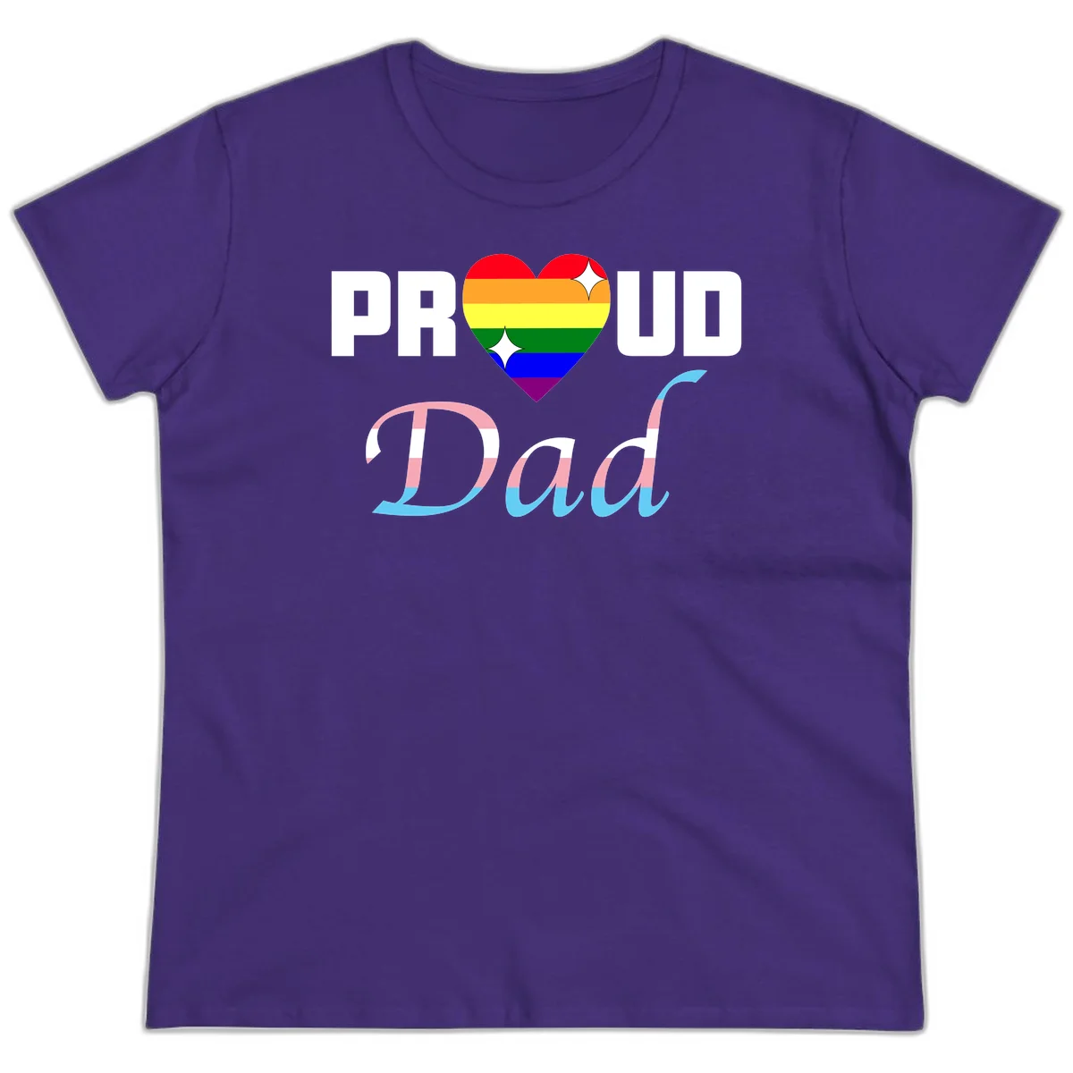 Proud Dad Pride design with rainbow heart and trans flag striped lettering on gray background in Purple