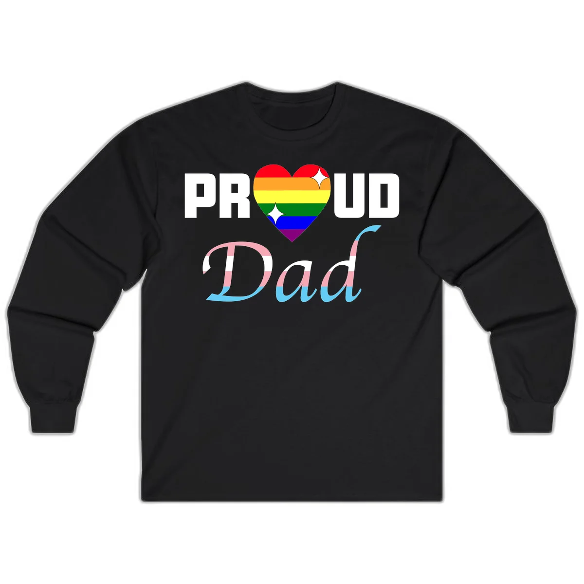 Proud Dad Pride design with rainbow heart and trans flag striped lettering on gray background in Black