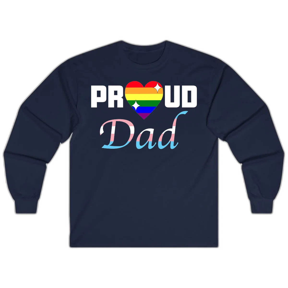 Proud Dad Pride design with rainbow heart and trans flag striped lettering on gray background in Navy