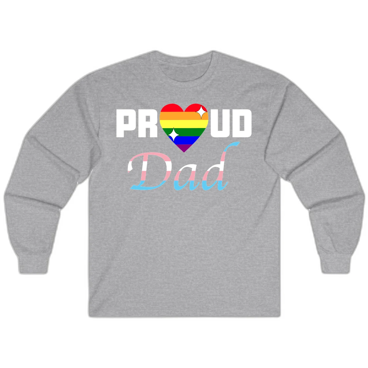 Proud Dad Pride design with rainbow heart and trans flag striped lettering on gray background in Sport Grey