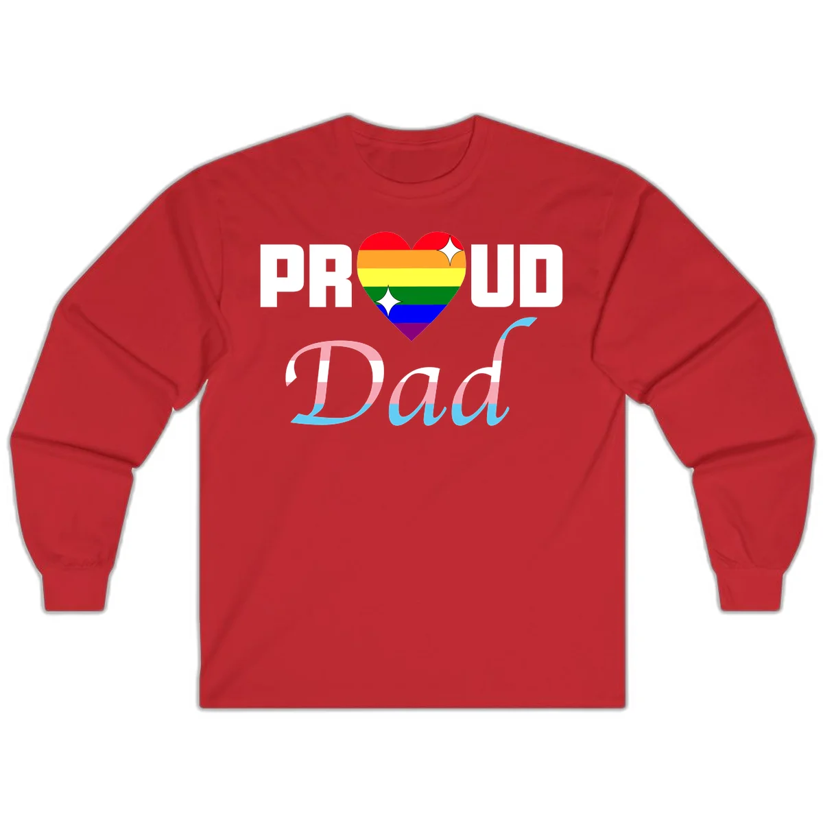 Proud Dad Pride design with rainbow heart and trans flag striped lettering on gray background in Red
