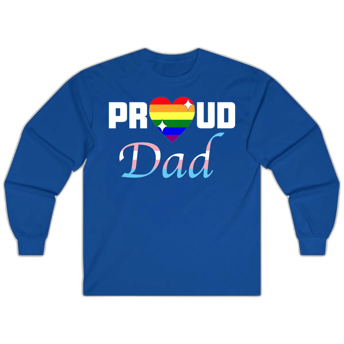 Proud Dad Pride design with rainbow heart and trans flag striped lettering on gray background in Royal
