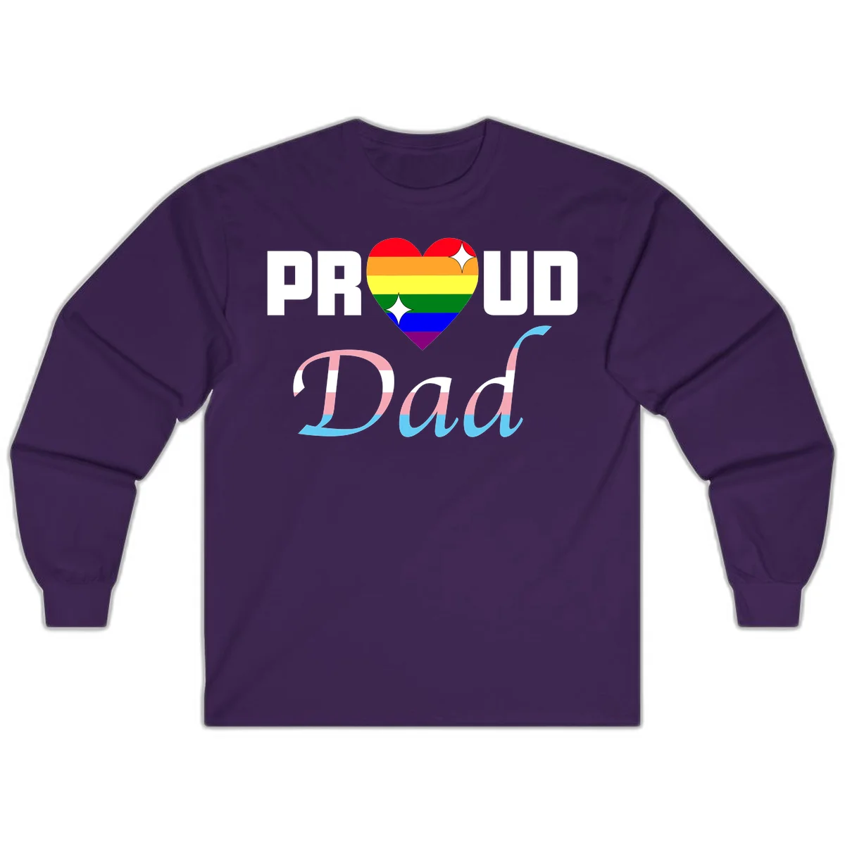 Proud Dad Pride design with rainbow heart and trans flag striped lettering on gray background in Purple