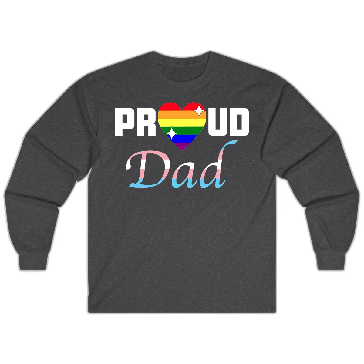Proud Dad Pride design with rainbow heart and trans flag striped lettering on gray background in Dark Heather