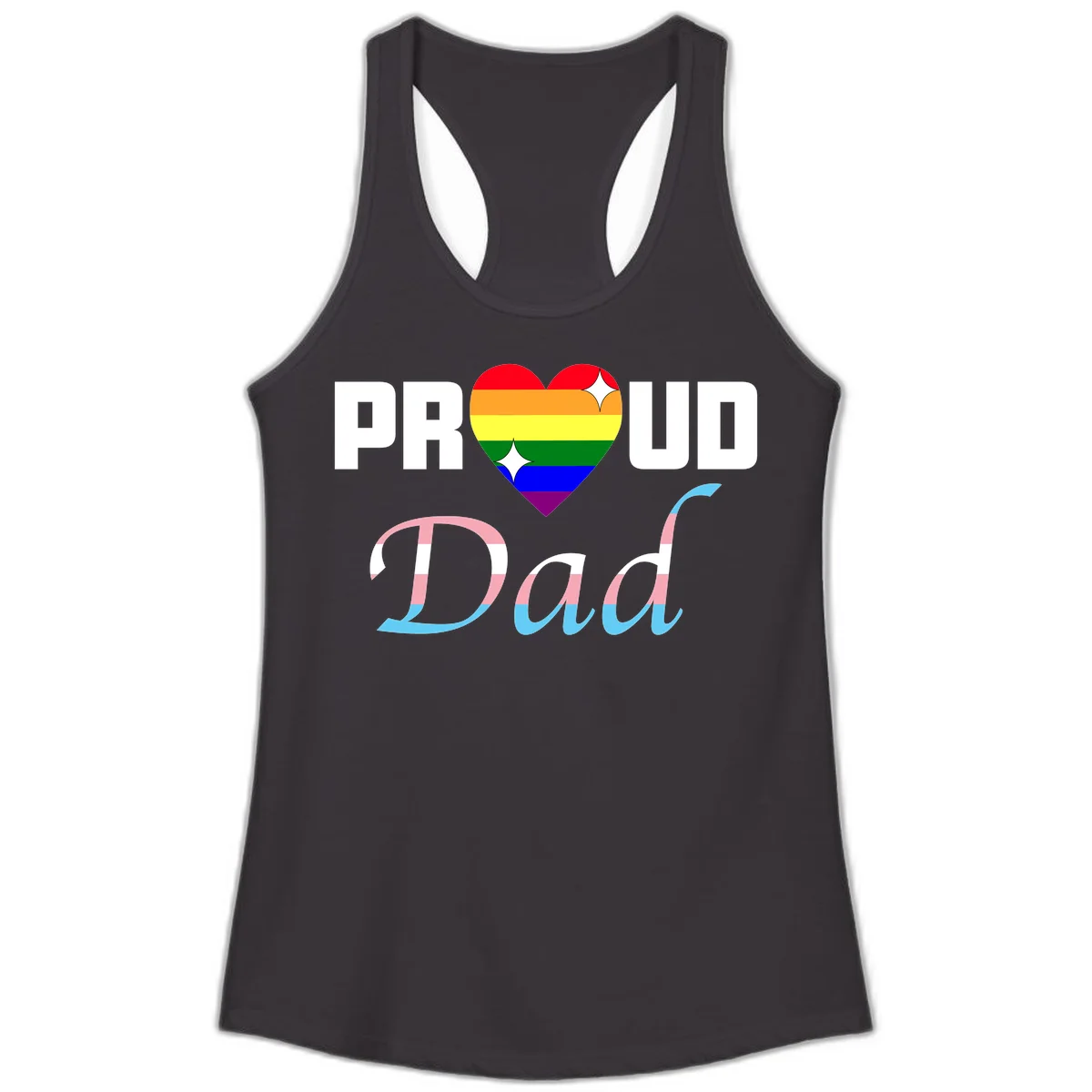 Proud Dad Pride design with rainbow heart and trans flag striped lettering on gray background in Black