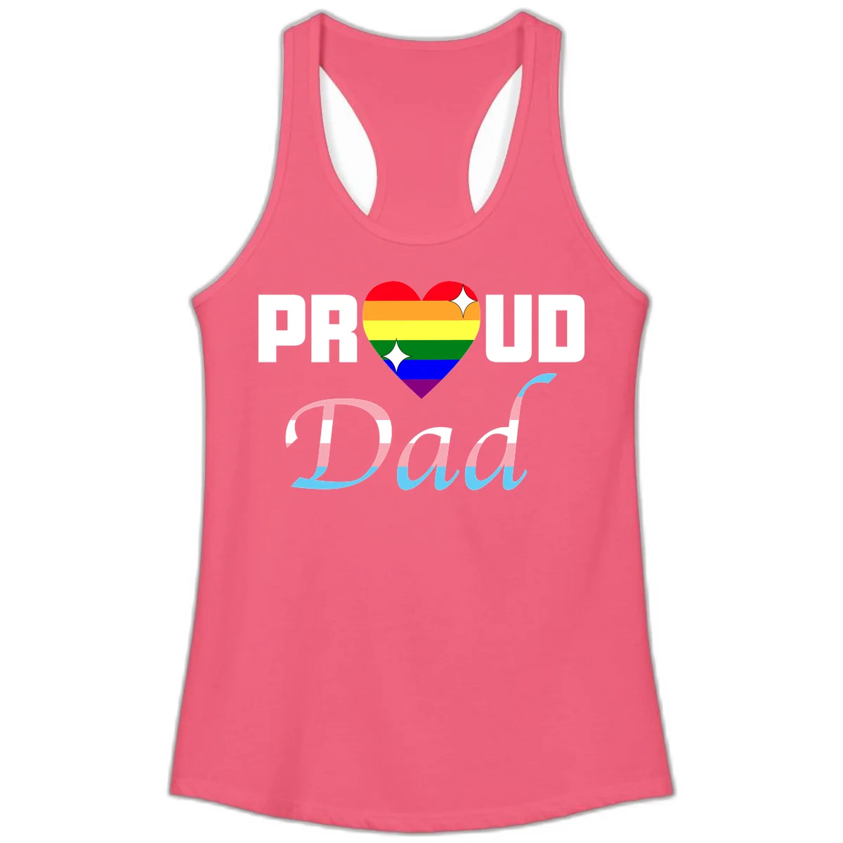 Proud Dad Pride design with rainbow heart and trans flag striped lettering on gray background in Hot Pink