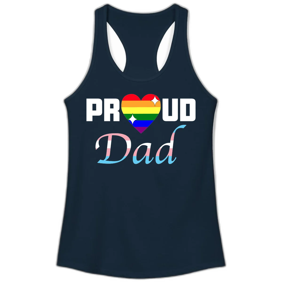 Proud Dad Pride design with rainbow heart and trans flag striped lettering on gray background in Solid Midnight Navy