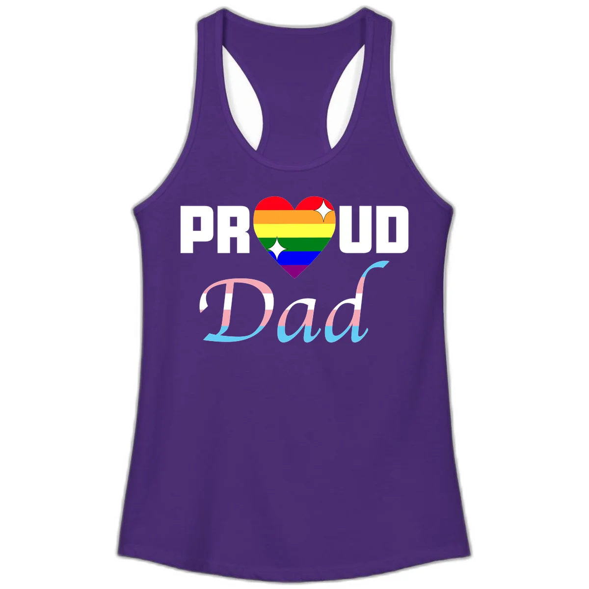 Proud Dad Pride design with rainbow heart and trans flag striped lettering on gray background in Solid Purple Rush