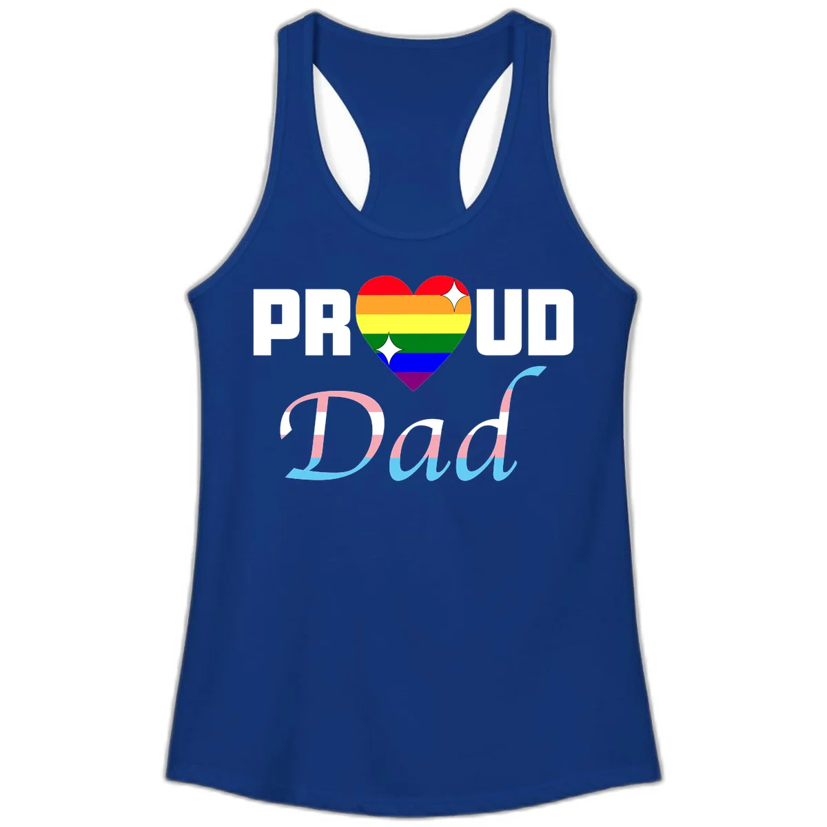Proud Dad Pride design with rainbow heart and trans flag striped lettering on gray background in Solid Royal