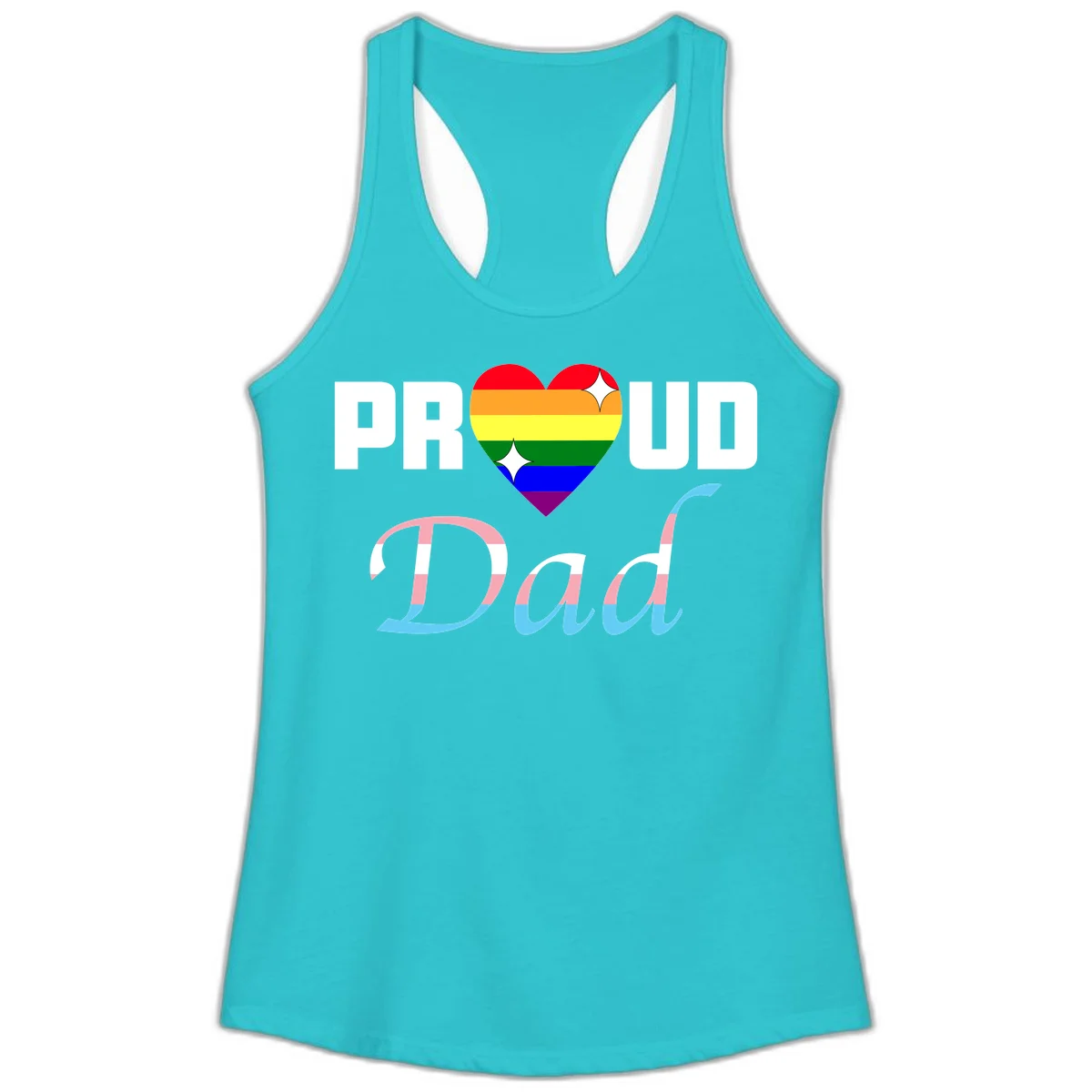 Proud Dad Pride design with rainbow heart and trans flag striped lettering on gray background in Solid Tahiti Blue