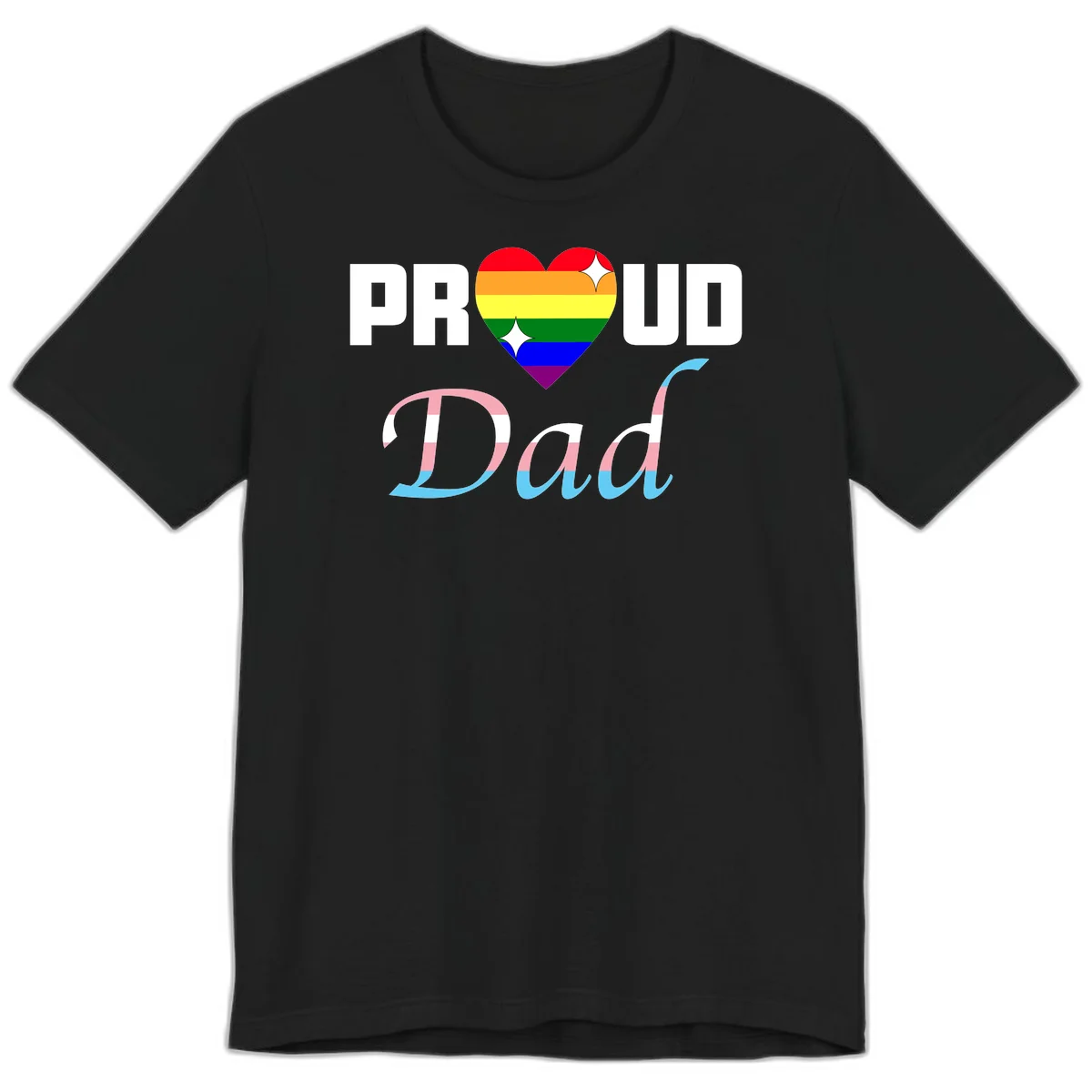 Proud Dad Pride design with rainbow heart and trans flag striped lettering on gray background in Black