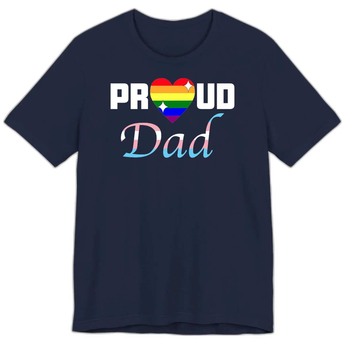 Proud Dad Pride design with rainbow heart and trans flag striped lettering on gray background in Navy