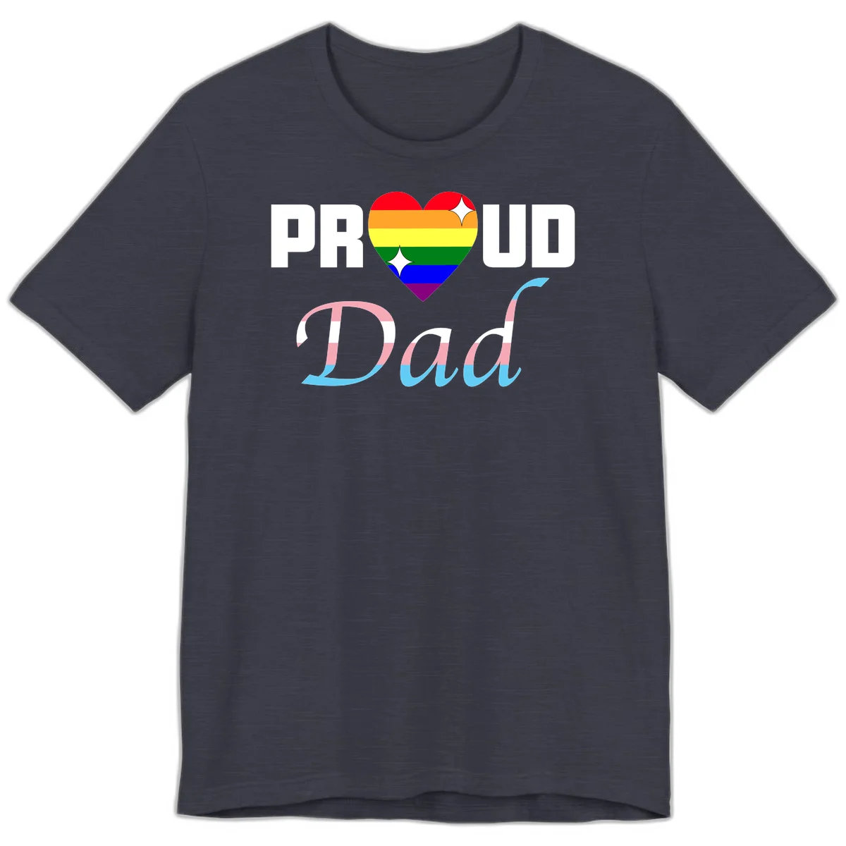 Proud Dad Pride design with rainbow heart and trans flag striped lettering on gray background in Heather Midnight Navy