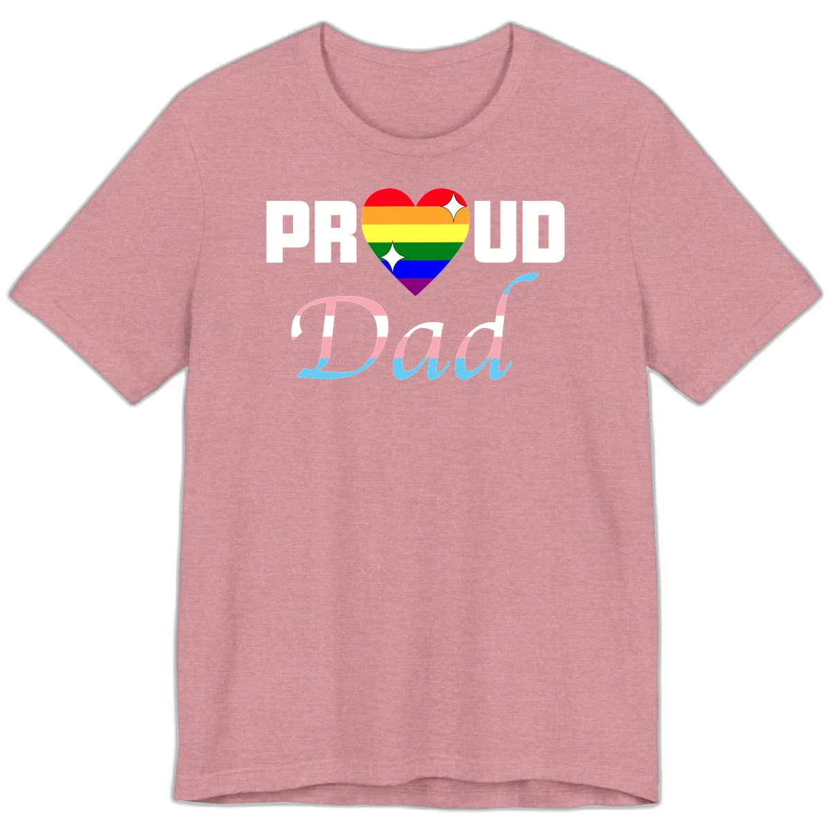 Proud Dad Pride design with rainbow heart and trans flag striped lettering on gray background in Heather Orchid