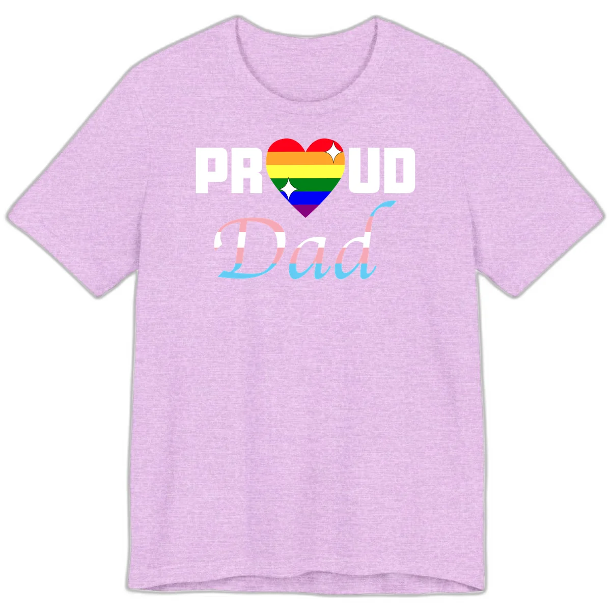 Proud Dad Pride design with rainbow heart and trans flag striped lettering on gray background in Heather Prism Lilac