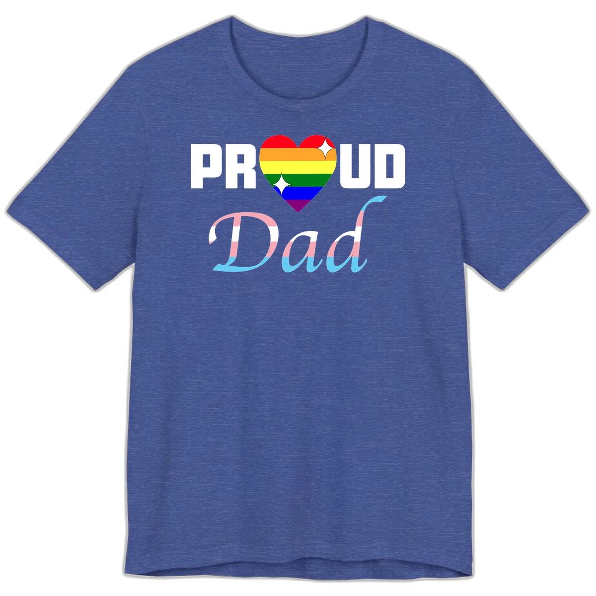 Proud Dad Pride design with rainbow heart and trans flag striped lettering on gray background in Heather True Royal