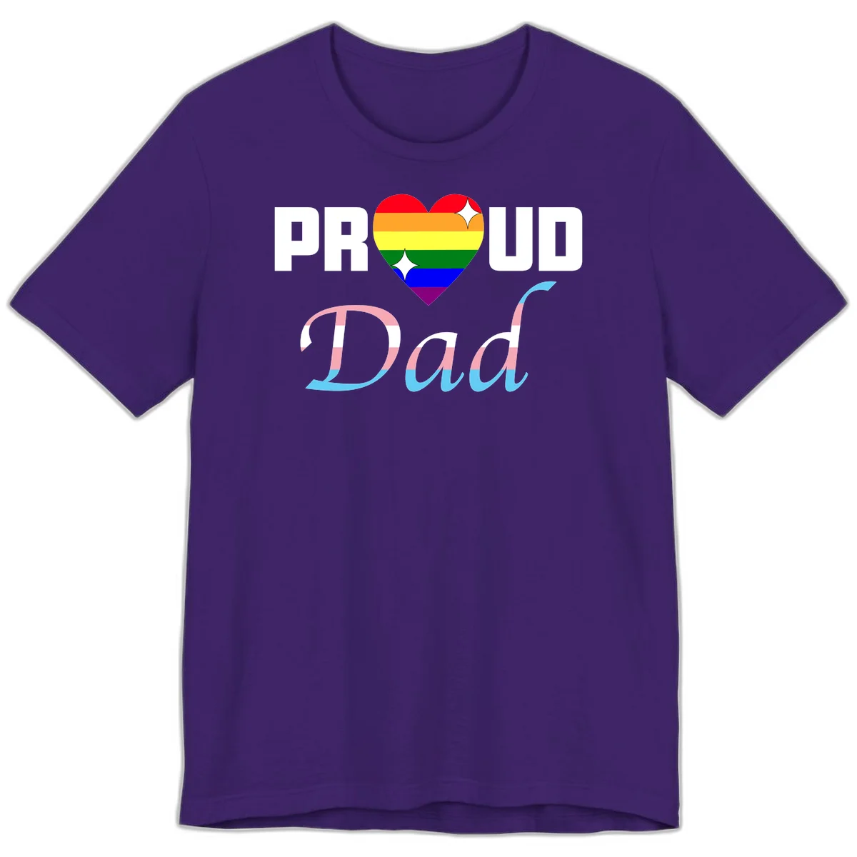 Proud Dad Pride design with rainbow heart and trans flag striped lettering on gray background in Team Purple