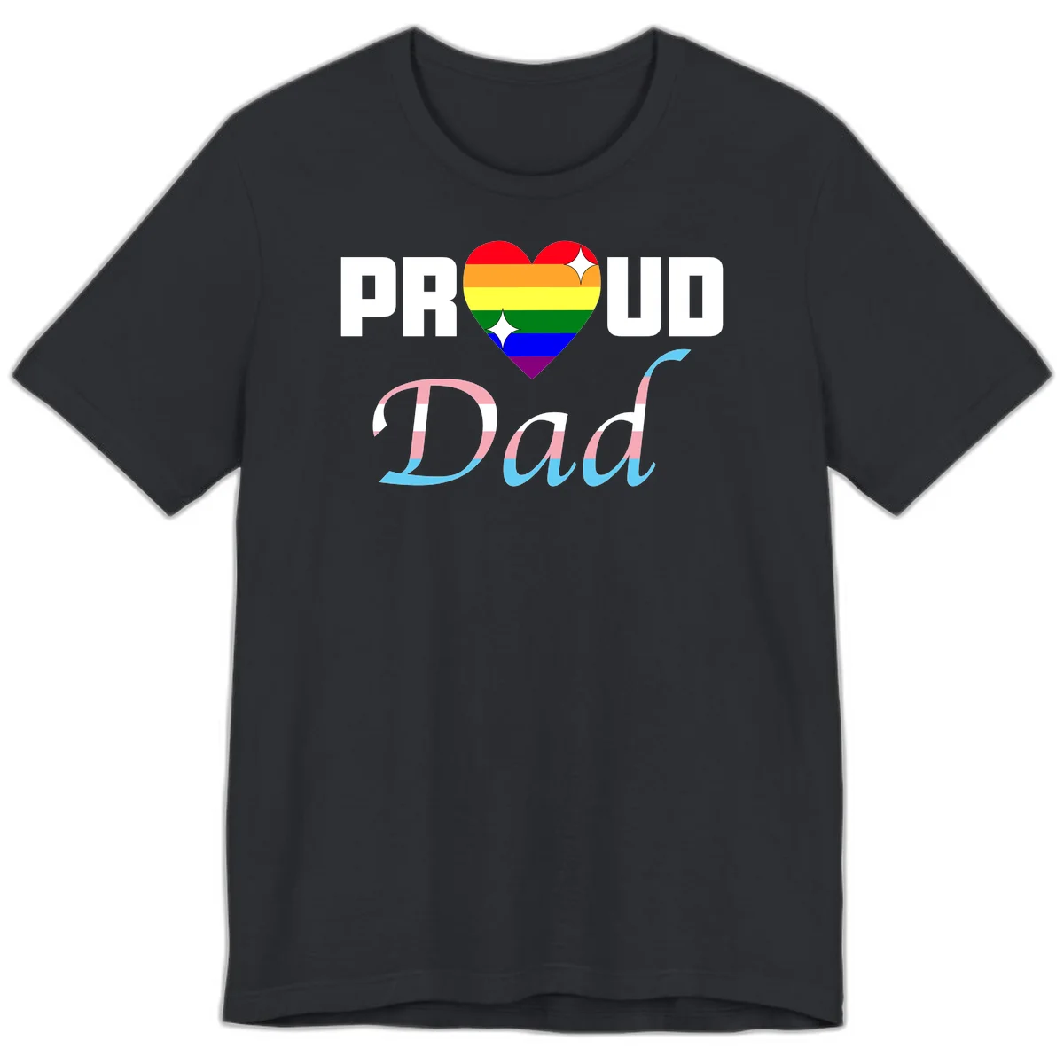 Proud Dad Pride design with rainbow heart and trans flag striped lettering on gray background in Vintage Black