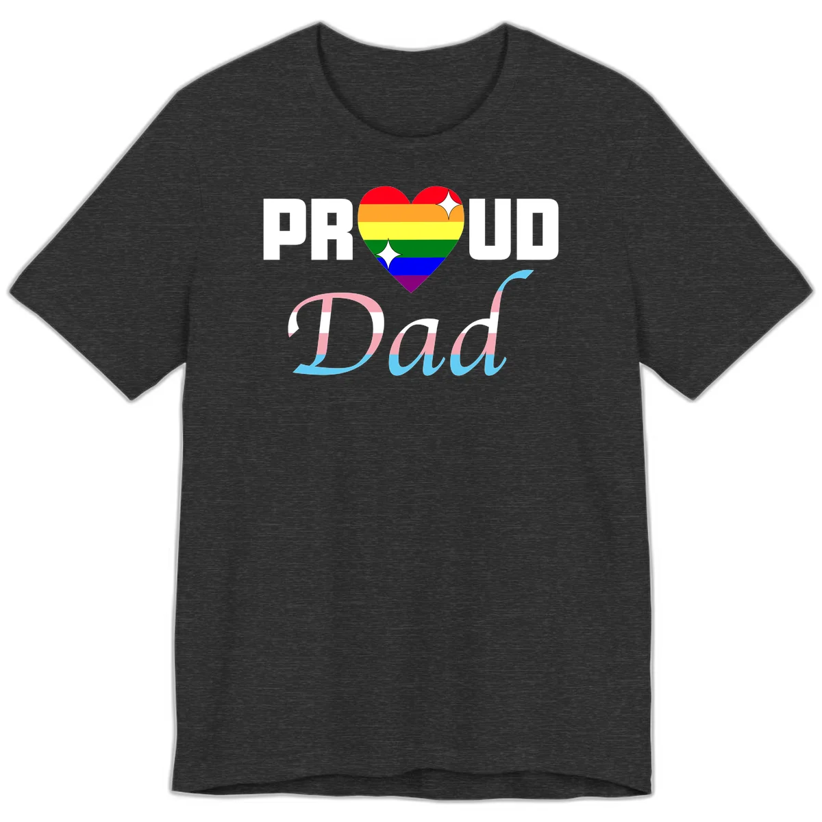Proud Dad Pride design with rainbow heart and trans flag striped lettering on gray background in Dark Grey Heather