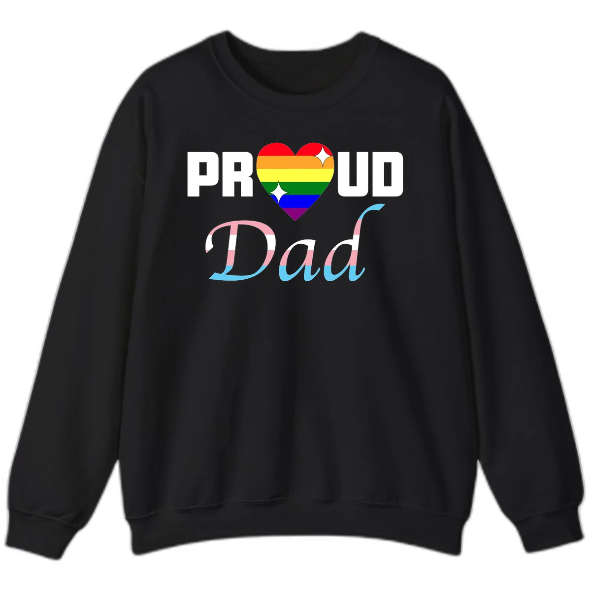 Proud Dad Pride design with rainbow heart and trans flag striped lettering on gray background in Black