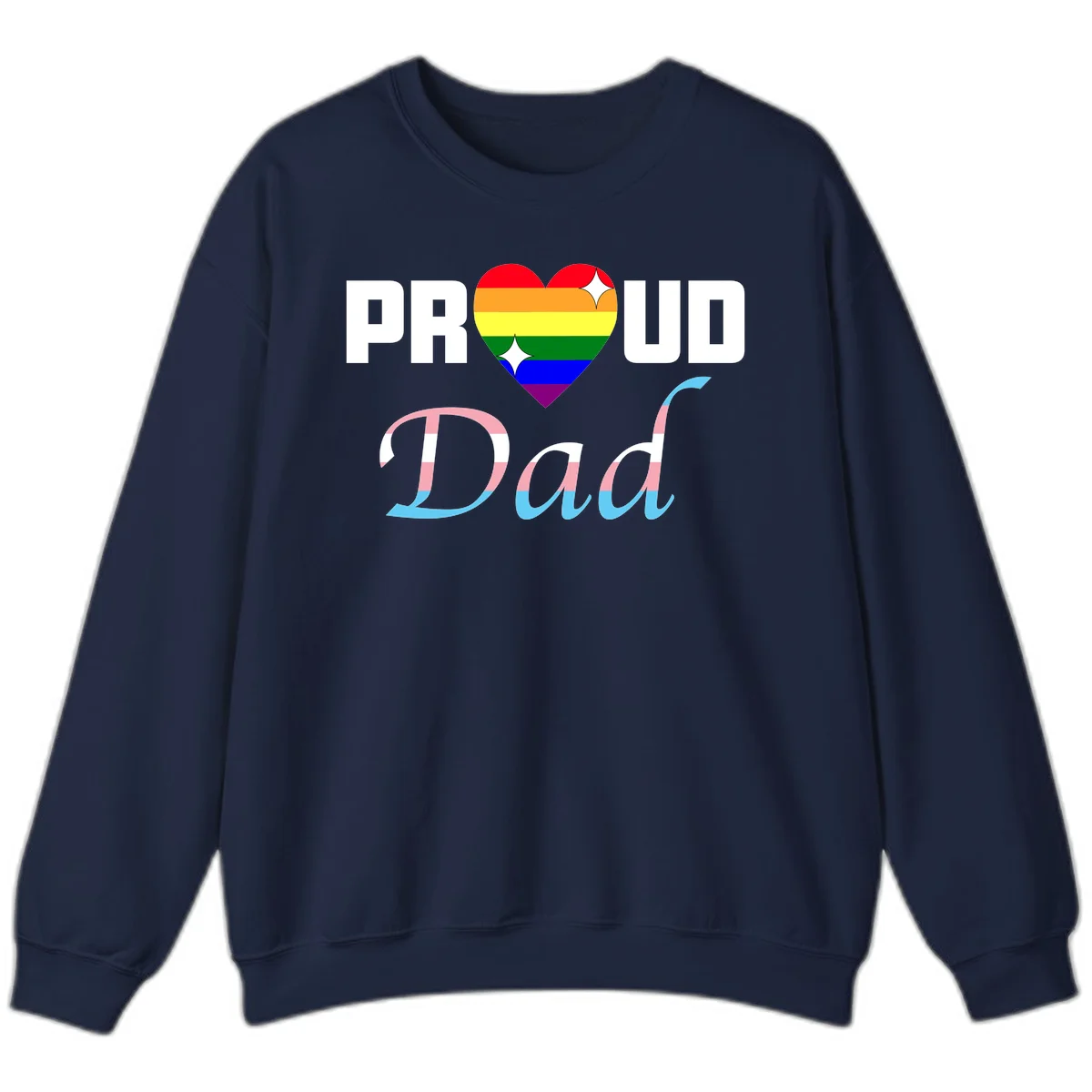 Proud Dad Pride design with rainbow heart and trans flag striped lettering on gray background in Navy