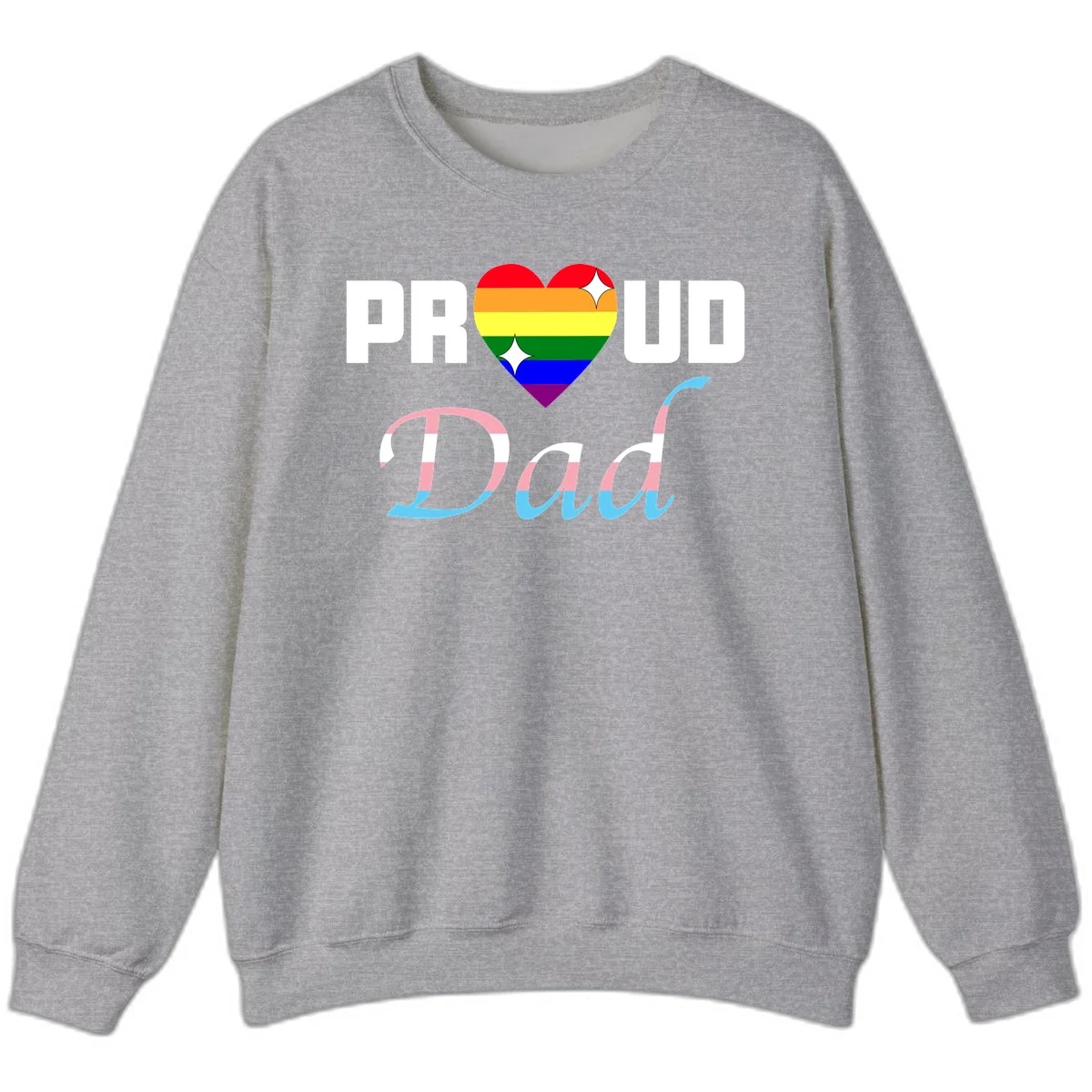 Proud Dad Pride design with rainbow heart and trans flag striped lettering on gray background in Sport Grey