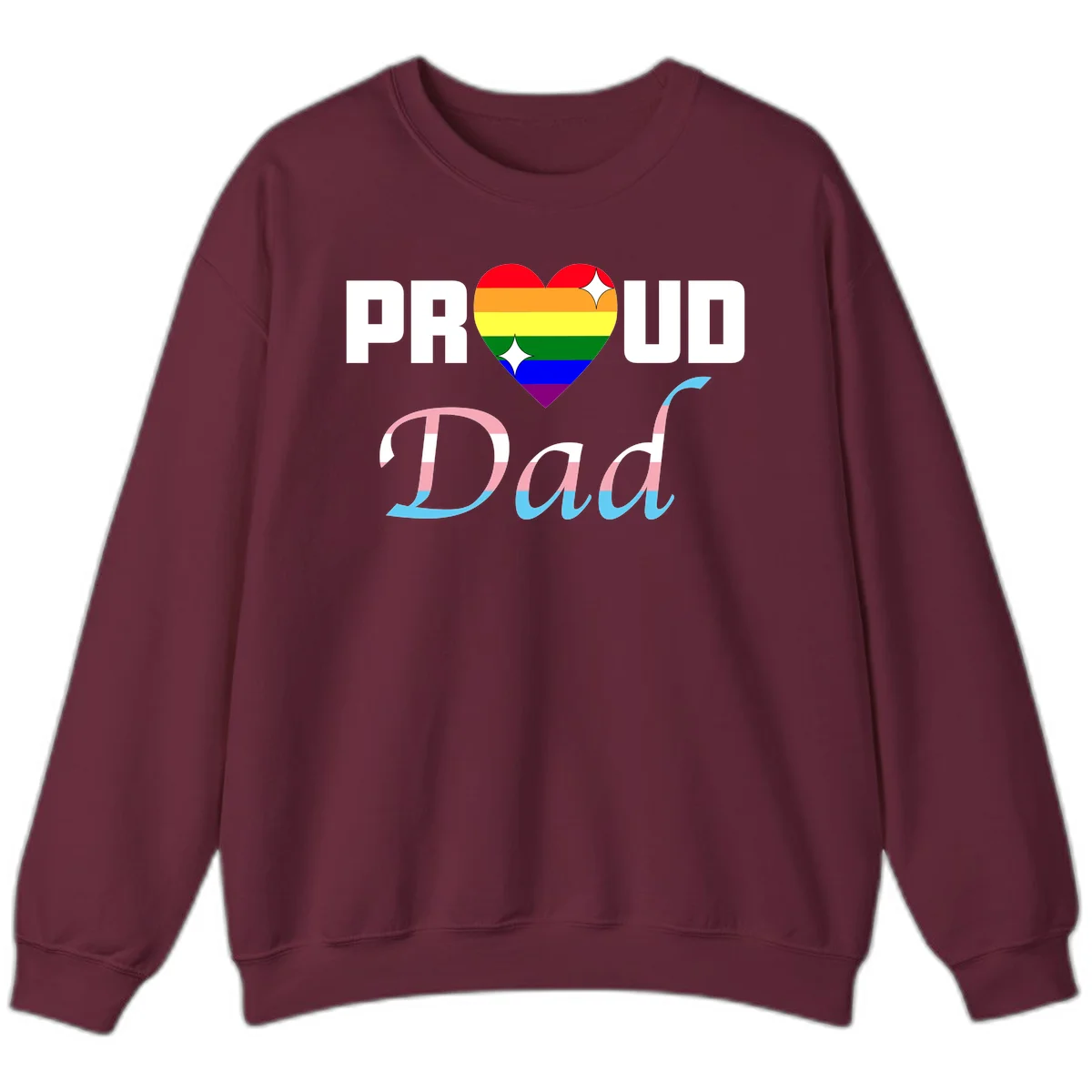 Proud Dad Pride design with rainbow heart and trans flag striped lettering on gray background in Maroon