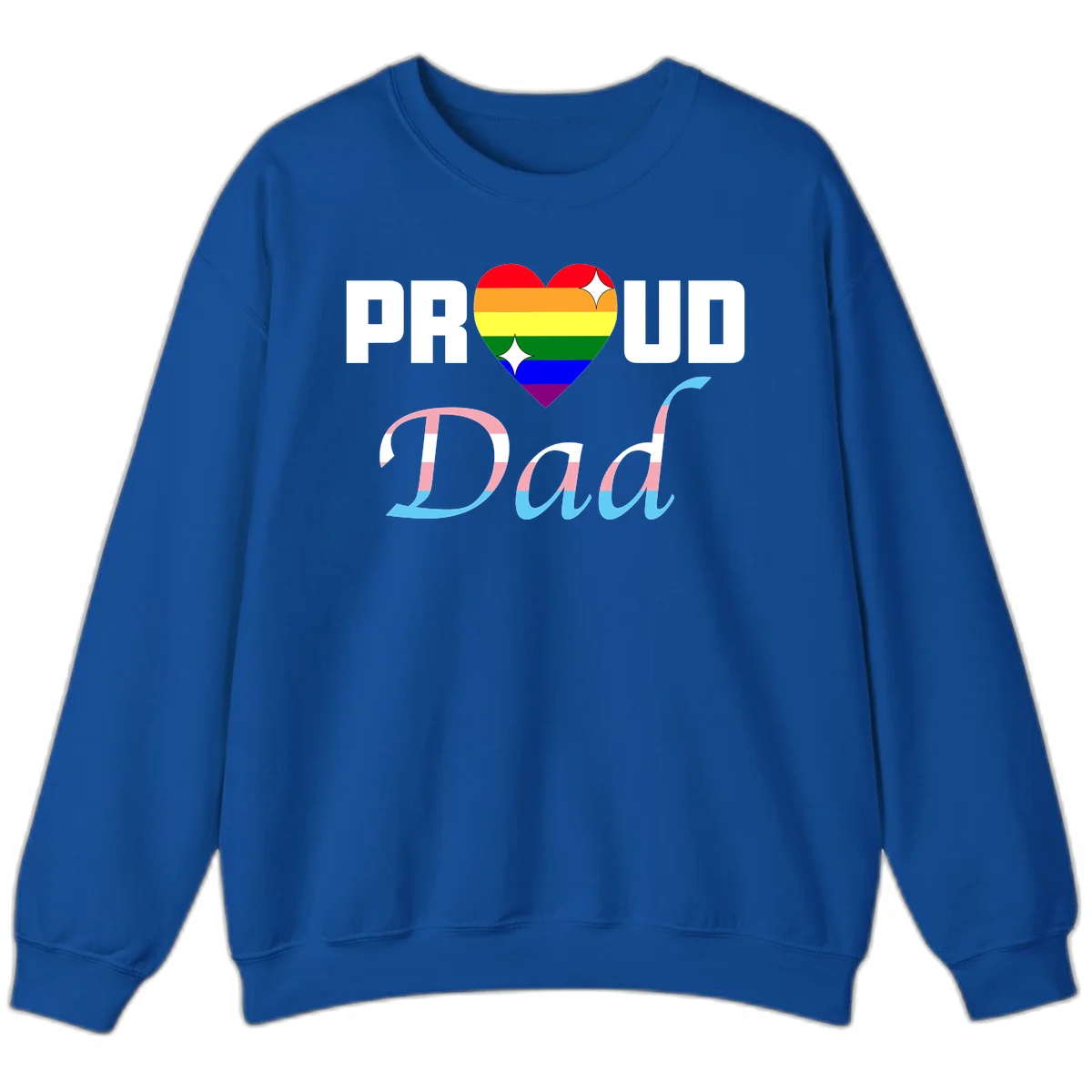 Proud Dad Pride design with rainbow heart and trans flag striped lettering on gray background in Royal
