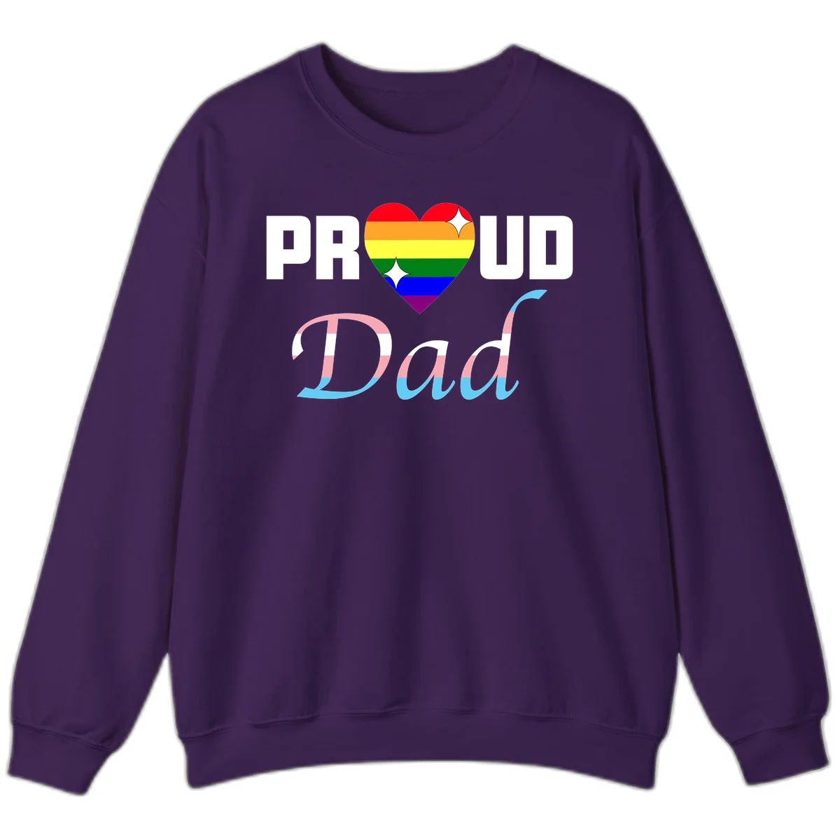 Proud Dad Pride design with rainbow heart and trans flag striped lettering on gray background in Purple