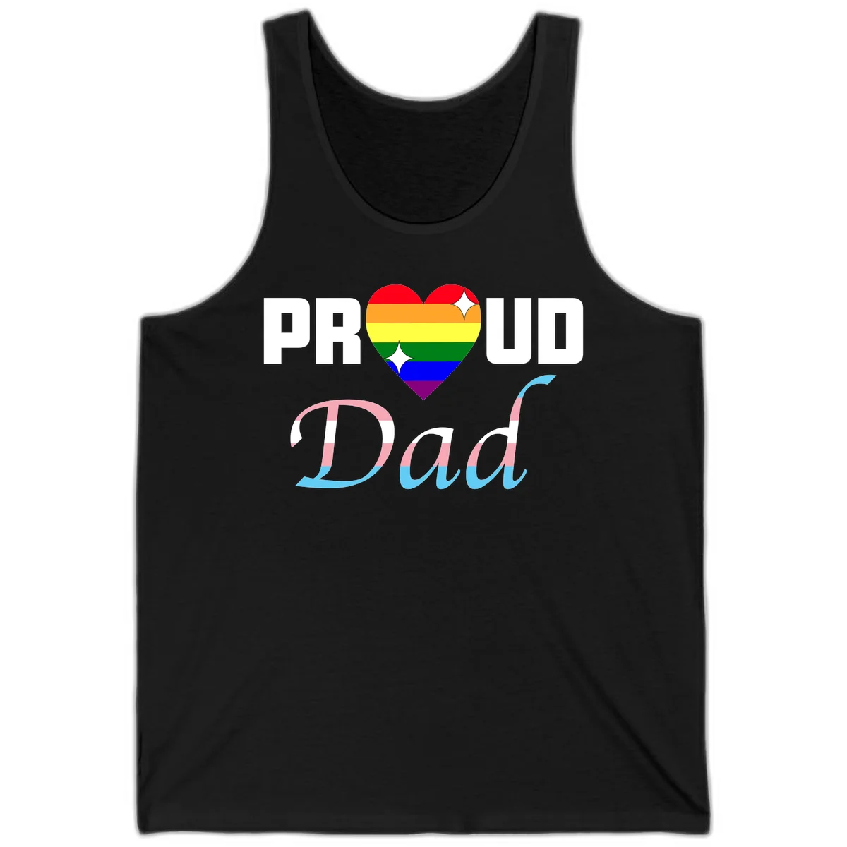 Proud Dad Pride design with rainbow heart and trans flag striped lettering on gray background in Black