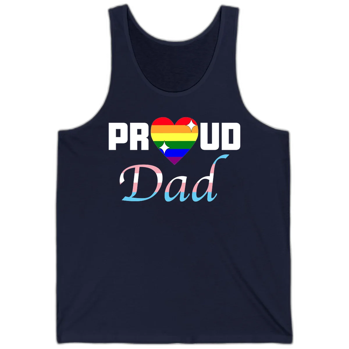 Proud Dad Pride design with rainbow heart and trans flag striped lettering on gray background in Navy