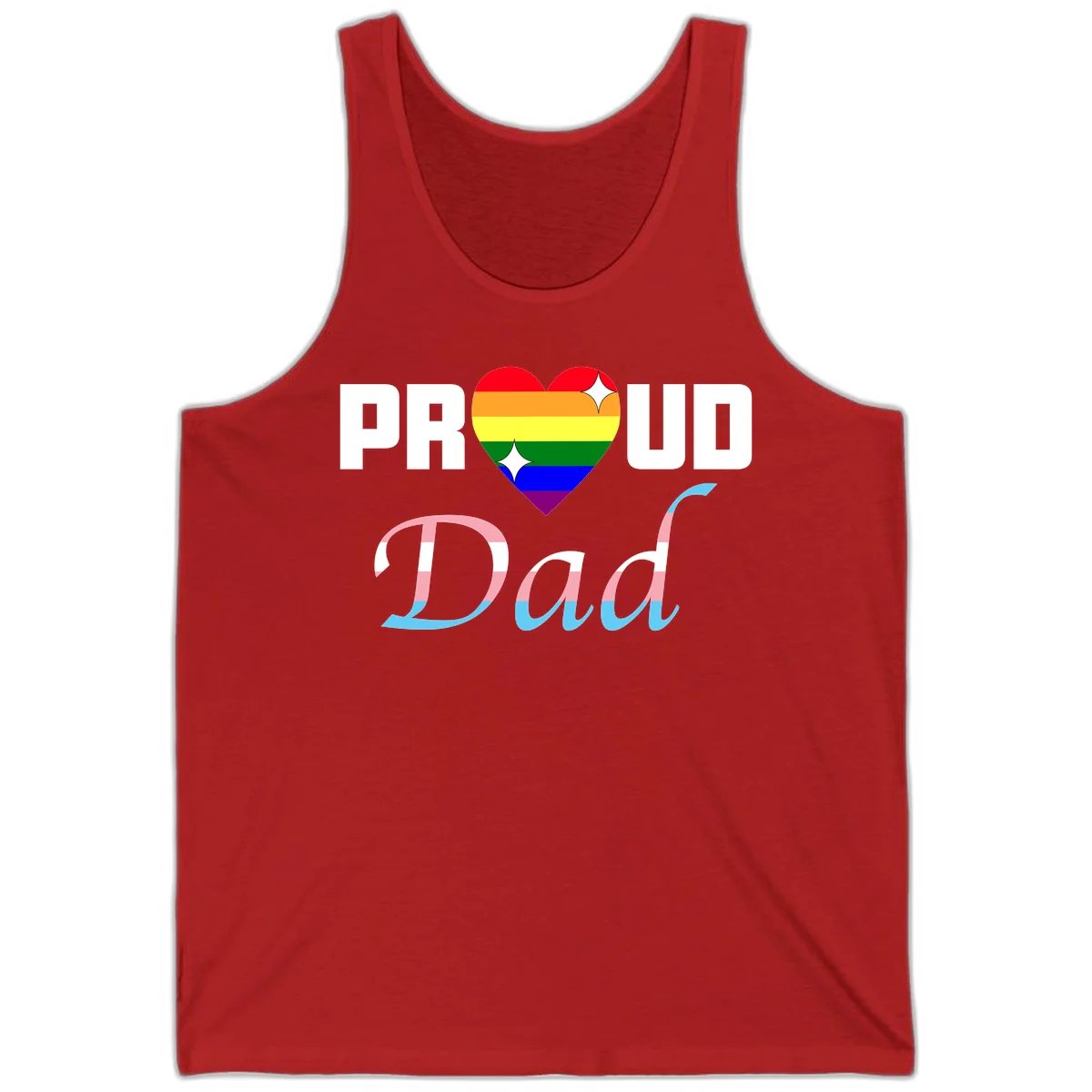 Proud Dad Pride design with rainbow heart and trans flag striped lettering on gray background in Red
