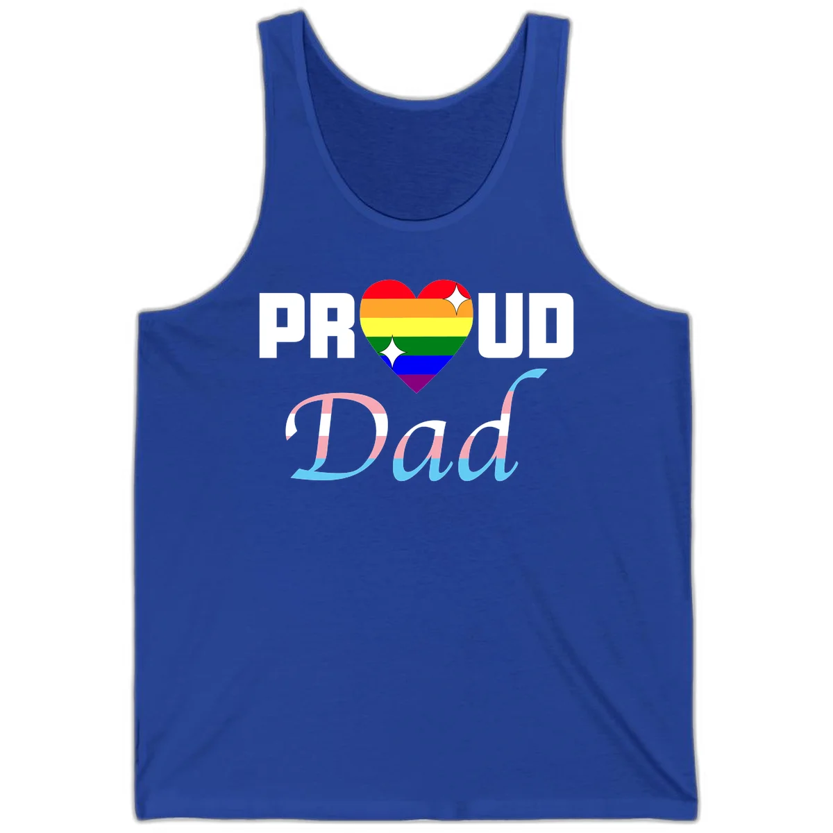 Proud Dad Pride design with rainbow heart and trans flag striped lettering on gray background in True Royal
