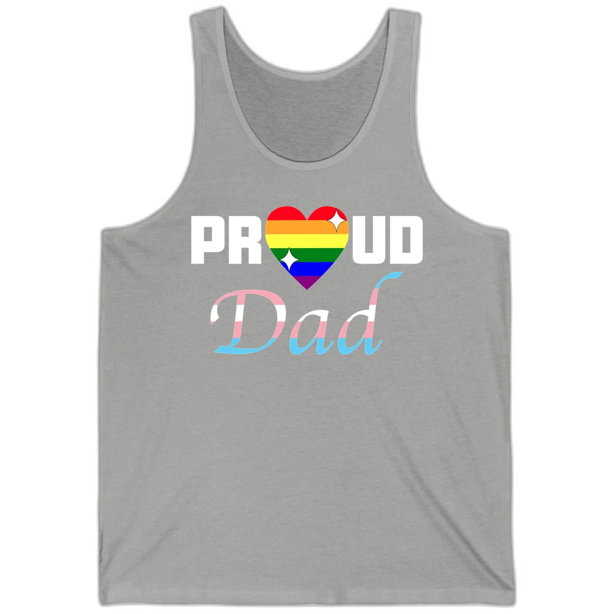 Proud Dad Pride design with rainbow heart and trans flag striped lettering on gray background in Athletic Heather