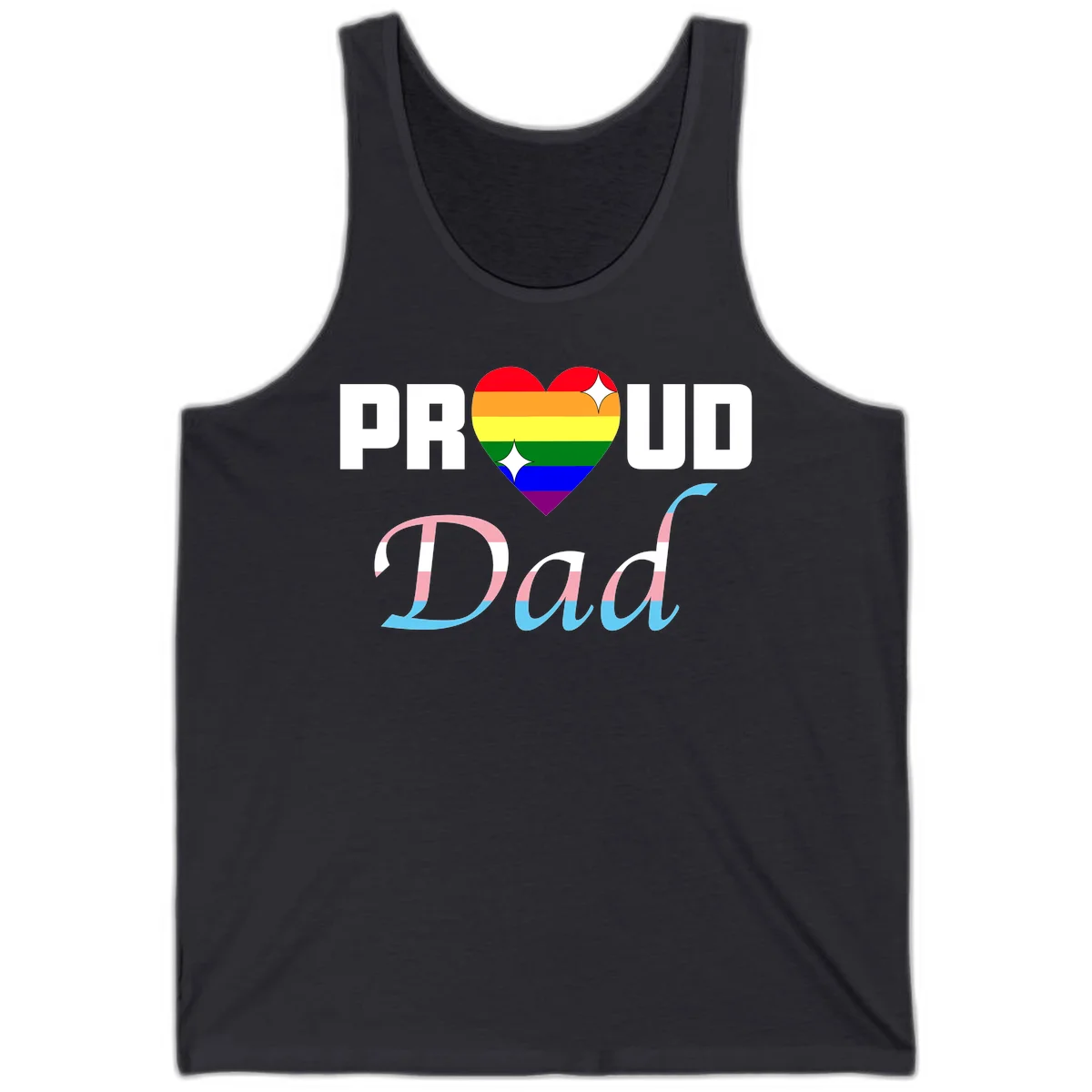 Proud Dad Pride design with rainbow heart and trans flag striped lettering on gray background in Dark Grey