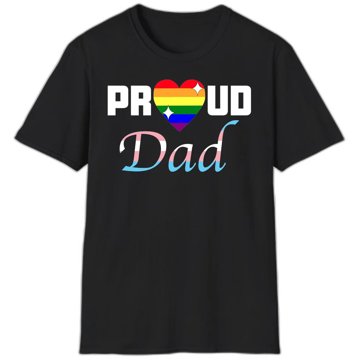 Proud Dad Pride design with rainbow heart and trans flag striped lettering on gray background in Black