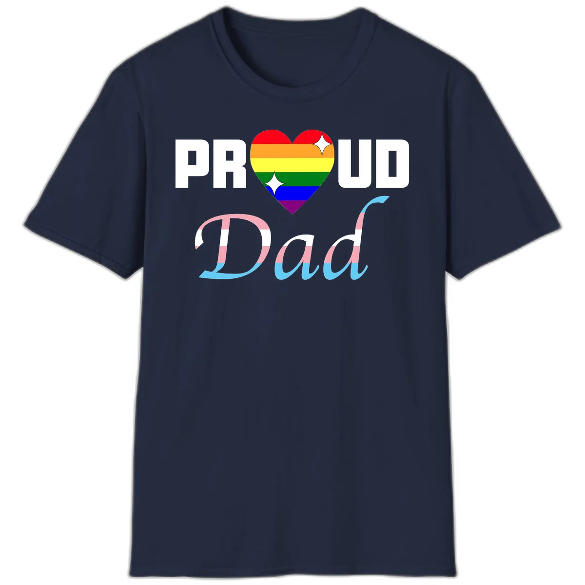 Proud Dad Pride design with rainbow heart and trans flag striped lettering on gray background in Navy