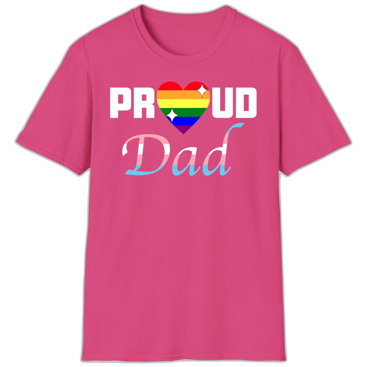 Proud Dad Pride design with rainbow heart and trans flag striped lettering on gray background in Heliconia