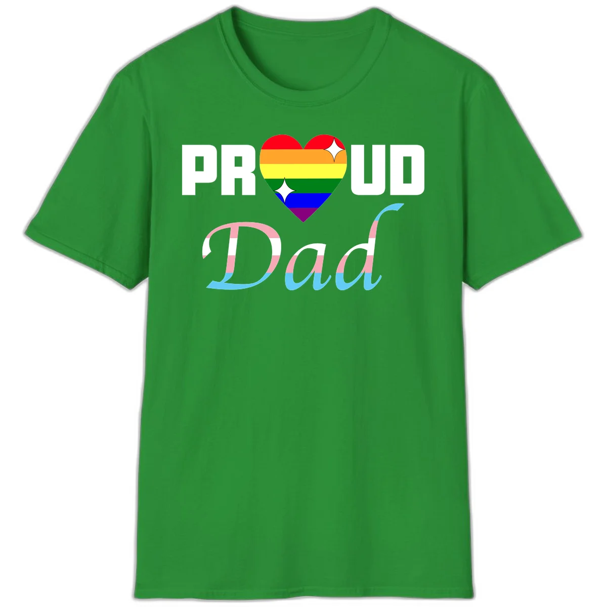 Proud Dad Pride design with rainbow heart and trans flag striped lettering on gray background in Irish Green