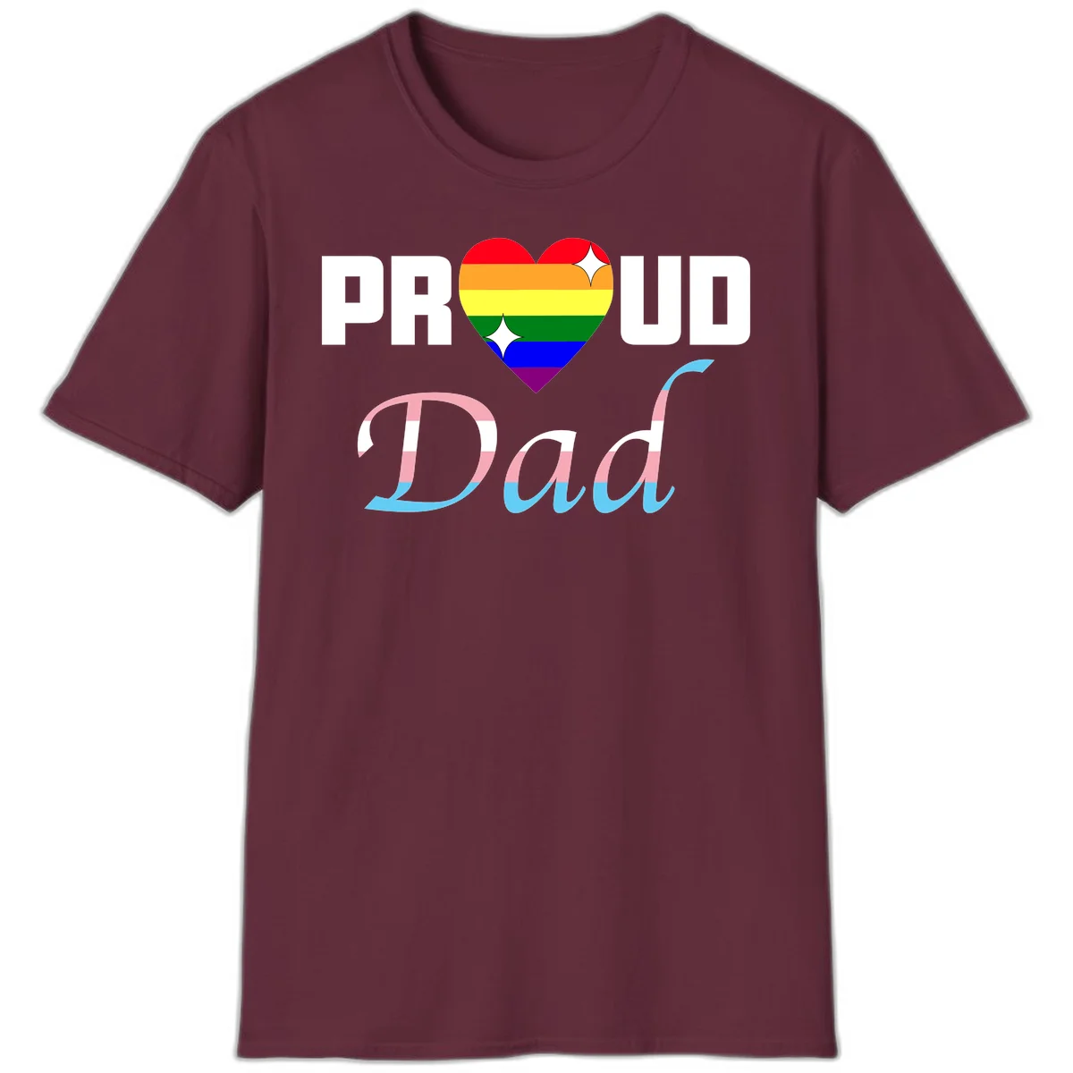 Proud Dad Pride design with rainbow heart and trans flag striped lettering on gray background in Maroon