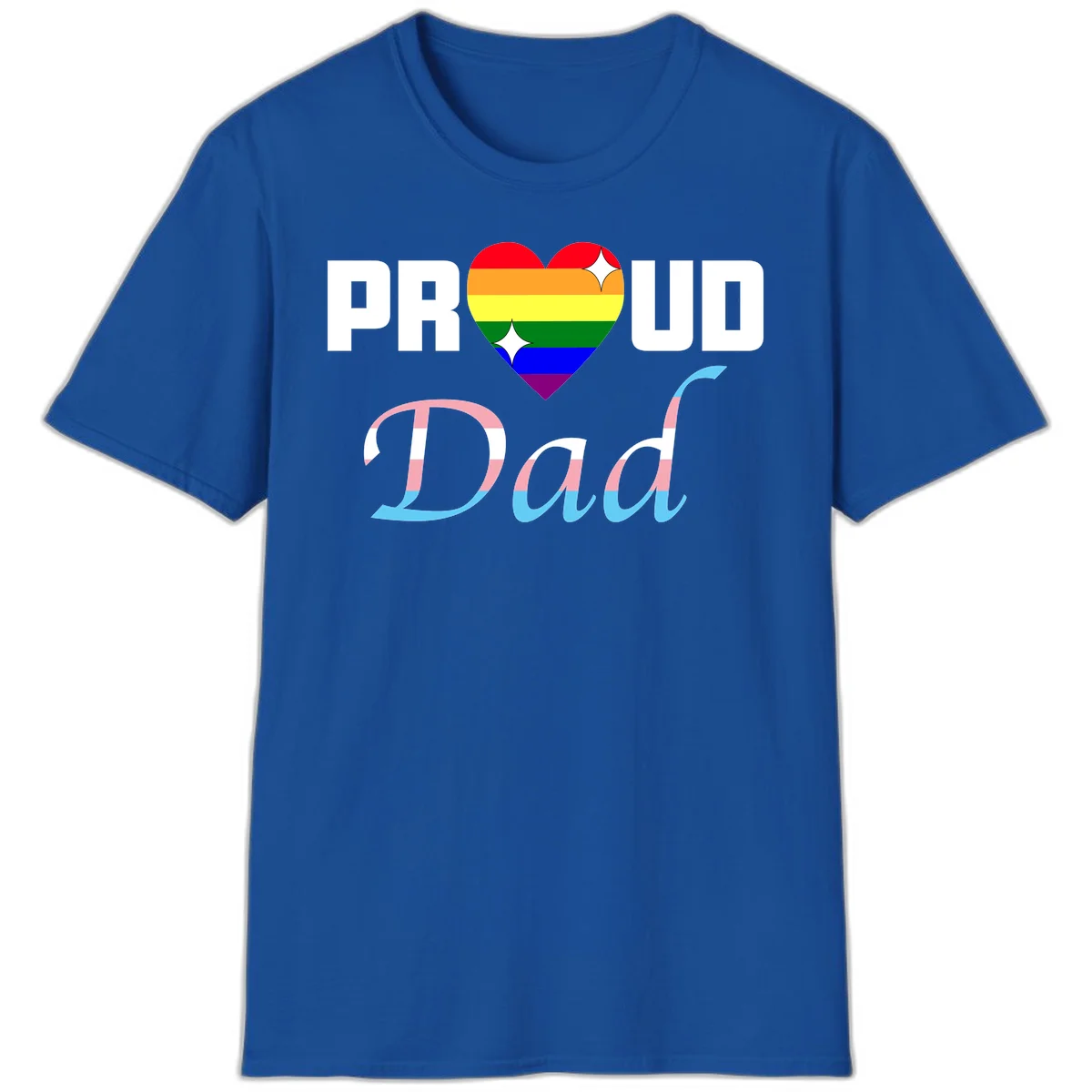 Proud Dad Pride design with rainbow heart and trans flag striped lettering on gray background in Royal