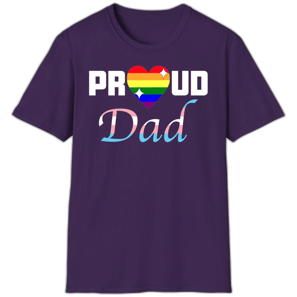 Proud Dad Pride design with rainbow heart and trans flag striped lettering on gray background in Purple