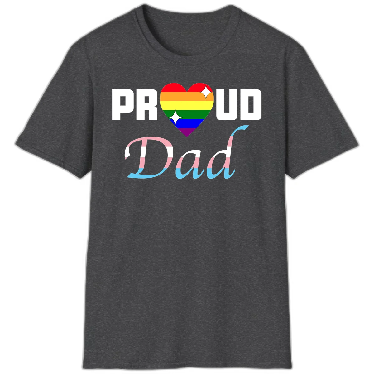 Proud Dad Pride design with rainbow heart and trans flag striped lettering on gray background in Dark Heather